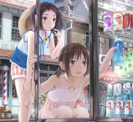 Mineral Water - pretty, anime, kawaii, female, scenery, scene, dress, stall, long hair, home, short hair, nice, house, anime girl, bottle, mineral water, beautiful, hot, girl, sundress, scenic, beauty, lovely, brown hair, sweet, drink, blouse, cute, adorable, sexy, building