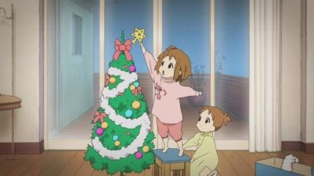 Little Star - nice, female, anime girl, brown hair, k on, hirasawa, pretty, k-on, children, anime, sisters, sister, cute, short hair, kid, adorable, girl, child, lovely, christmas, yui, christmas tree, star, kawaii, merry christmas, ui, kon, sweet, hirasawa ui, hirasawa yui