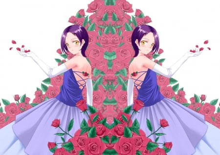 Rose - gown, flower, rose, cute, maiden, beautiful, kaleidoscope, hot, anime girl, girl, lady, floral, pretty, short hair, beauty, sweet, anime, dress, purple hair, petals, roses, nice, lovely, sexy, female