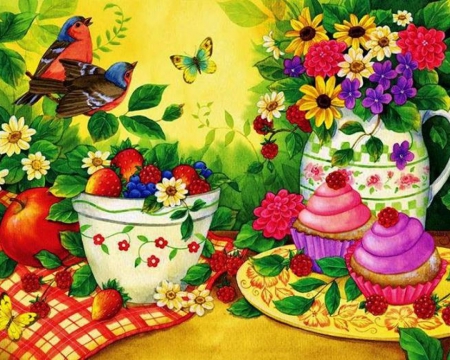 Summer Treat - art, beautiful, summer, pinic, color, flowers, muffins, birds