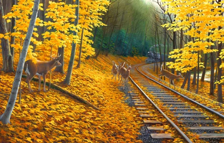 Fall tracks - nice, autumn, trees, animals, colorful, tracks, foliage, train, painting, fall, art, yellow, deers, lovely, deer, bright, nature, forest, beautiful, leaves, colors