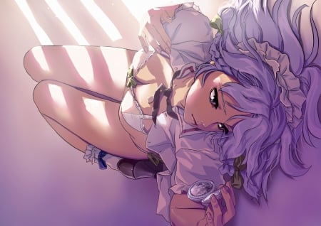 Anime Girl - pretty, anime, skirt, beautiful, girl, beauty, lovely, sweet, black, bed, white, purple, cute