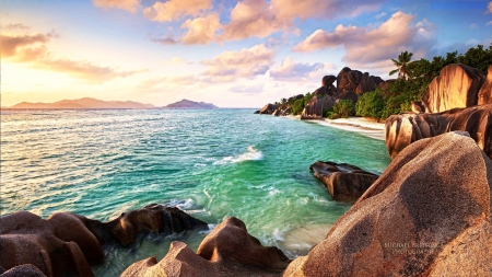 Seychelles Beach - clouds, water, rocks, indian ocean