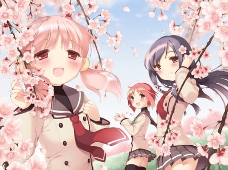 Cute School Girls - girls, beauty, sky, trees, white, pretty, clouds, anime, cute, skirt, lovely, beautiful, pink, red, blue, flowers, sweet, uniforms