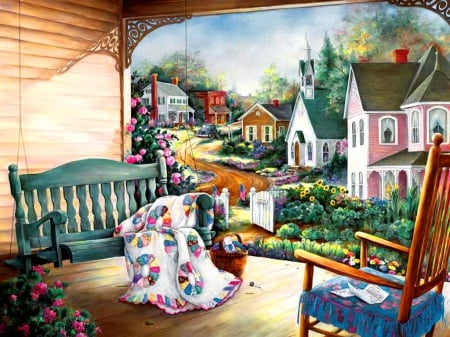 Victory garden - relax, victory, cozy, home, flowers, porch, garden, bench, nice, art, cottage, house, beautiful, lovely, rest, village, painting, peaceful