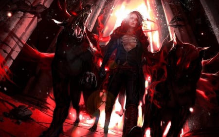 Darkness is coming! - girl, hellhounds, anime girl, demon