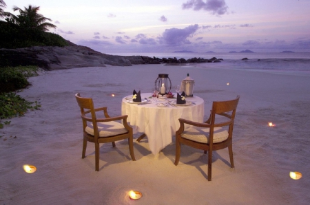 Romantic Evening on the Beach - beaches, nature, evening, romantic, sea, table for two