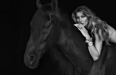 Gisele Bundchen - horse, animal, black, beauty, model, girl, white, gisele bundchen, woman