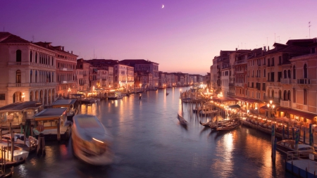 Venice - italy, venice, lights, water, beautiful, night, gondola, architecture, houses, fun, canal, nature