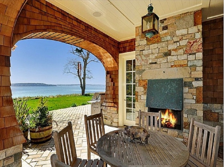 back-porch with fireplace and a view on the sea - house, fireplace, porch, view, architecture