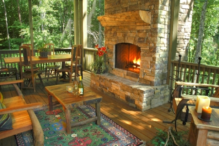 fireplace on the porch - architecture, fireplace, houses, porch