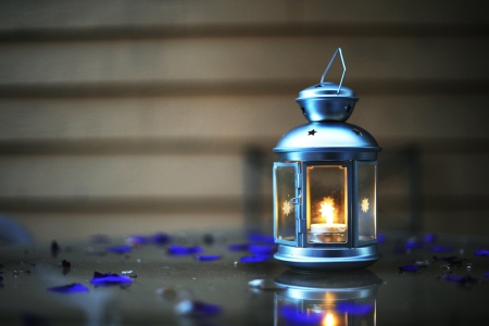 *Lantern* - candle, photography, light, fire, closeup, abstract, lantern, lanterns, blossoms, blue, petals, beautiful