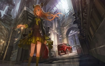 In The City - girl, cute, city, anime