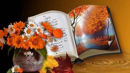 Book of Nature - vase, trees, book, daisy, gold, Gerbera, bouquet, leaves, flowers, fall, autumn