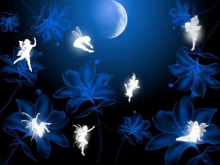 FAIRIES IN THE NIGHT - MOON, WHITE, FAIRIES, NIGHT, BLUE, FLOWERS