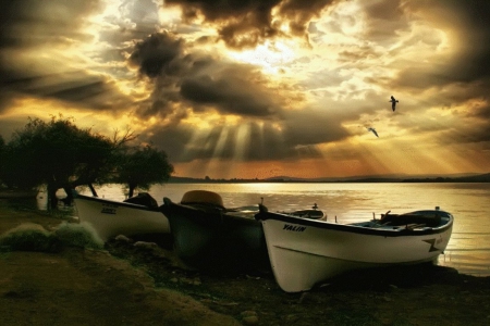 Boats at the Lake - sunrays, water, landscape, clouds, sun