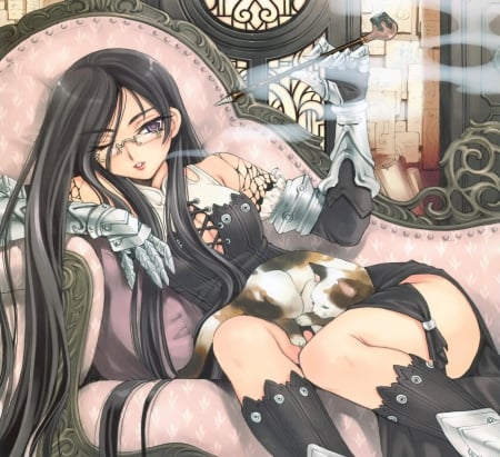 Dark Master - master, girl, orginal, smoke, long hair, dark, cat