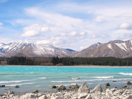 Mt. John, Lake Tekapo, New Zealand - forest, winter, rocks, lake, sky, tekapo, mtjohn, wave, clouds, zealand, new, nature, mountain, snow, cold