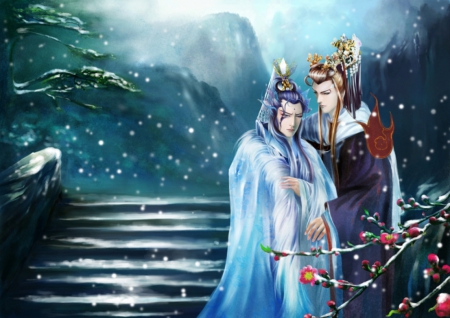 Winter - couples, oriental, winter, blue