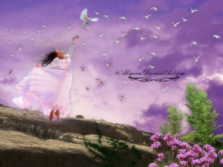 I want to fly with - fly, lady, fantasy, bird, pink