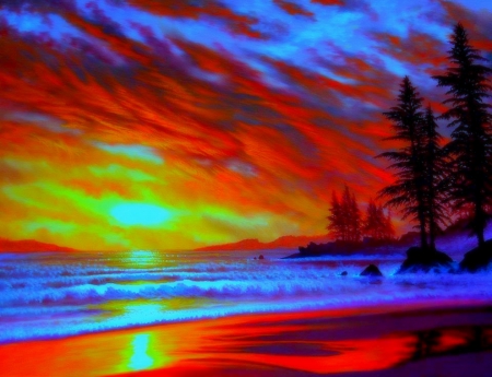 Colorful Sunset of Poetry  - rays light, sky, trees, places, paradise, colorful, mountains, creative pre-made, sunsets, paintings, waterscapes, landscapes, attractions in dreams, stunning, wave, nature, love four seasons, beautiful, scenery, colors, sea