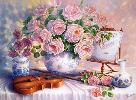 Flowers for the evening - pretty, evening, room, pink, flowers, music, flwoers, elegance, scent, nice, art, vase, house, delicate, beautiful, violin, table, letter, fragrance, lovely, still life, bouquet, harmony, painting