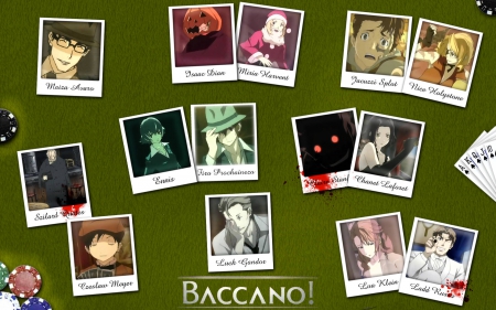 Baccano crd - isaac dian, miria harvent, lua klein, baccano, maiza avaro, luck gandor, firo prochainezo, szilard quates, ennis, jacuzzi splot, ladd rusou, claire stanf, chanet laforet, cheslaw meyer, nice holystone