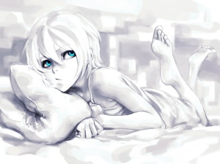 Blue Eyes - pretty, cute, beauty, beautiful, sweet, anime, girl, eyes, blue, white, lovely, pillow, grey, bed