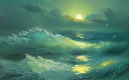 Waves under the moonlight - moon, yellow, summer, blue, sea, night, ocean, light, dark, alexander miliukov, green, painting, art, wave