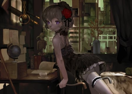 In the Dark - pretty, anime, beautiful, window, girl, beauty, lovely, flower, sweet, dark, short hair, black, desk, rose, cute, sexy