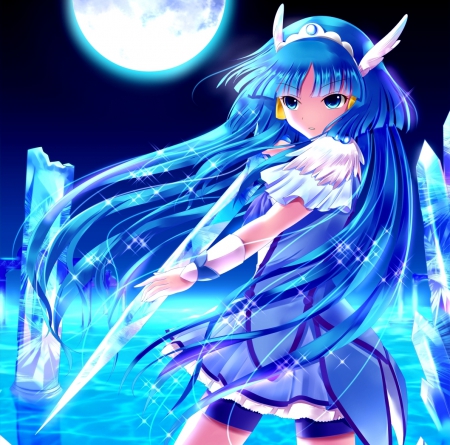 Cure Beauty - pretty, female, maiden, light, emotional, armor, blue hair, weapon, nice, gown, hot, sword, beauty, blade, angry, lady, longhair, cute, sexy, anime, warrior, dress, mad, sparks, aiden, anime girl, beautiful, serious, girl, lovely, sweet, pretty cure, glow, cure beauty, precure, sinister, magical girl