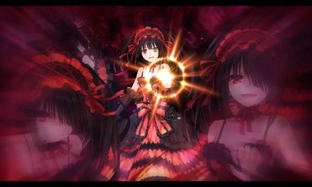 Tokisaki Kurumi - tokisaki, female, hot, creepy, emotional, anime girl, evil, gloom, date a live, tokisaki kurumi, sparks, sinister, dark, kurumi, anime, cute, sexy, creep, gloomy, girl, long hair, loli, gown, sparkle, glow, dress, lolita