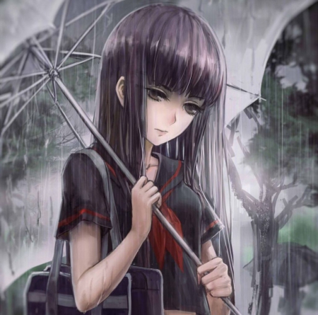 Rainy Day - anime, female, gloomy, long hair, emotional, gloom, umbrella, sad, rain, raining, anime girl, water, serious, hot, girl, wet, rainy, black hair, cute, sexy