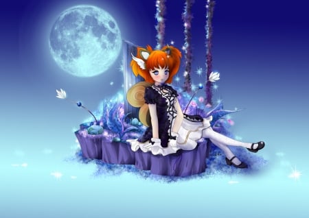 Neko Chan - gown, cute, neko, hot, anime girl, girl, orange hair, nekomimi, pretty, kawaii, short hair, sweet, anime, dress, ears, nice, neko mimi, lovely, sexy, moon, female