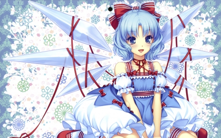 Touhou - pretty, tie, anime, snowflakes, blue, dress, short hair, red, ribbon, winter, beautiful, girl, beauty, lovely, sweet, ice, white, wings, cute