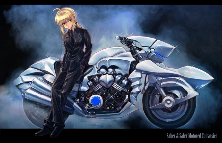 Saber - pretty, saber, anime, female, blonde, blond hair, green eyes, long hair, bike, blond, motor, nice, motorbike, motorcycle, anime girl, beautiful, hot, girl, blonde hair, beauty, lovely, sweet, cute, sexy, fate stay night