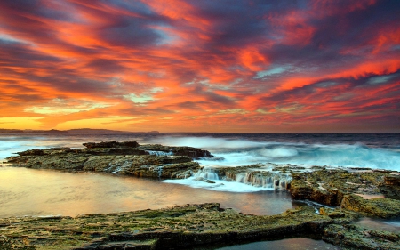 Sunset on Beach - beach, ocean, rocks, sunset