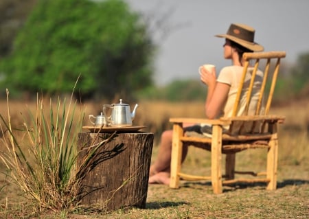 Tea Time - mug, girl, table, drinking, chair