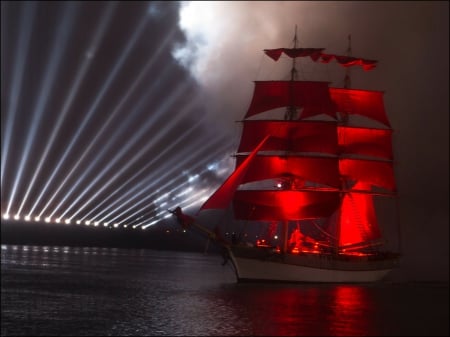 Red ship - night, water, red, ship