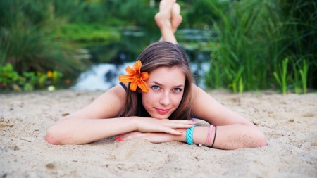 Model - women, sand, model, flower