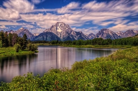 Mount Moran, Snake River - sky, landscape, clouds, water, mountains, plants