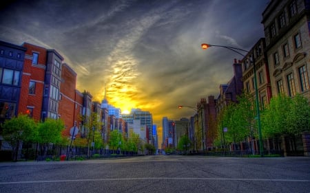 CITY STREET - lights, clean, road, buildings, night, hdr, sky, clouds, city, sunset