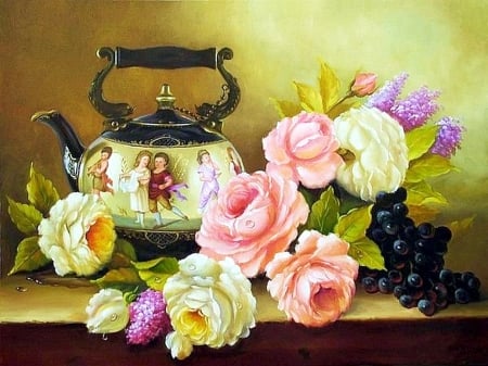 Still Life - grapes, flowers, blossoms, teakettle