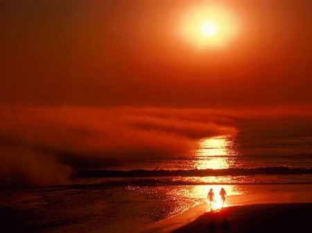 Golden Sunset - people, reflection, beach, sunset, nature