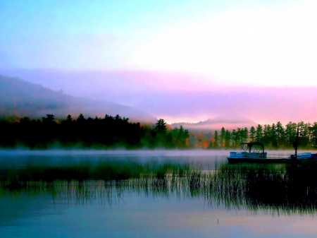 MORNING MIST - lake, mist, dawn, boat