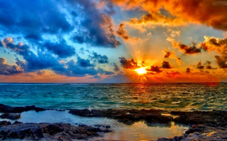 SHORE AT SUNSET - clouds, horizon, shore, sunset, nature, sky