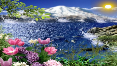 Romantic View - ocean, romantic, blue, mountains, flowers