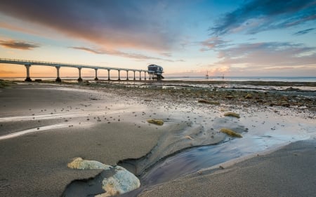 wonderful pier on a beach with the tide out - beach, pier, tide, pools, sea