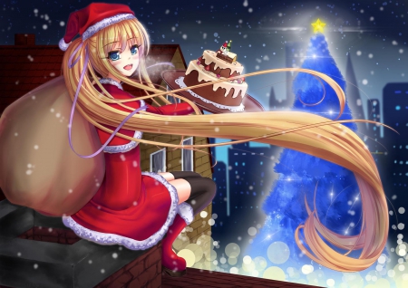 Cake Delivery - pretty, star, anime, kawaii, delicious, female, food, snow, long hair, happy, adorbale, holiday, hd, yummy, merry christmas, sparks, nice, cake, mwiner, anime girl, hungry, hot, girl, lovely, brown hair, sweet, christmas, christmas tree, cute, adorable, sexy