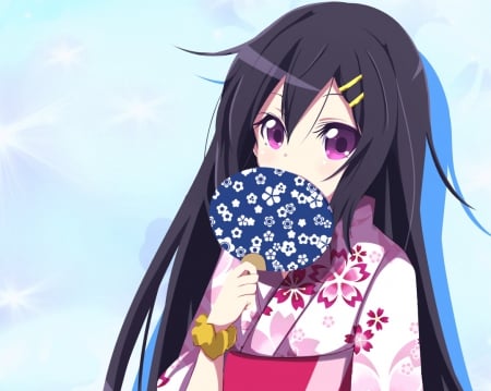 Blue Fan - pretty, anime, anime girl, female, kawaii, girl, fan, kimono, lovely, long hair, yukata, sweet, oriental, black hair, cute, nice